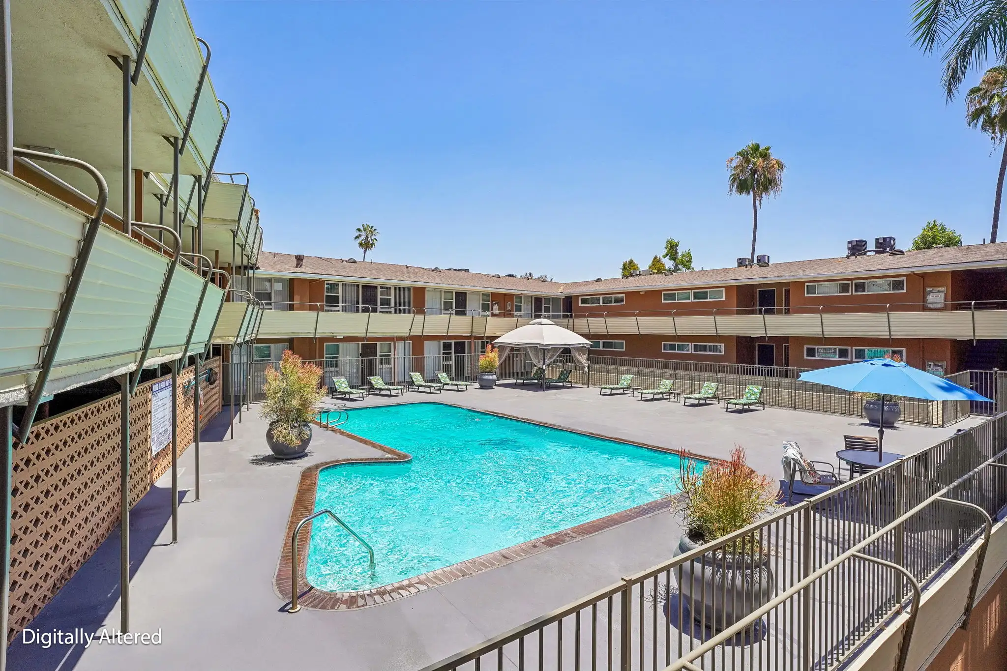 Terraces at South Pasadena digitally altered pool sundeck with cabana and lounge chairs